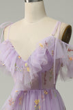 A-Line V-Neck Spaghetti Straps Embroidery Lavender Slit Prom Dress